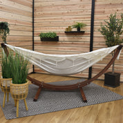 Double Cotton Hammock with Solid Pine Stand (8ft/260cm) - Natural with Fringe