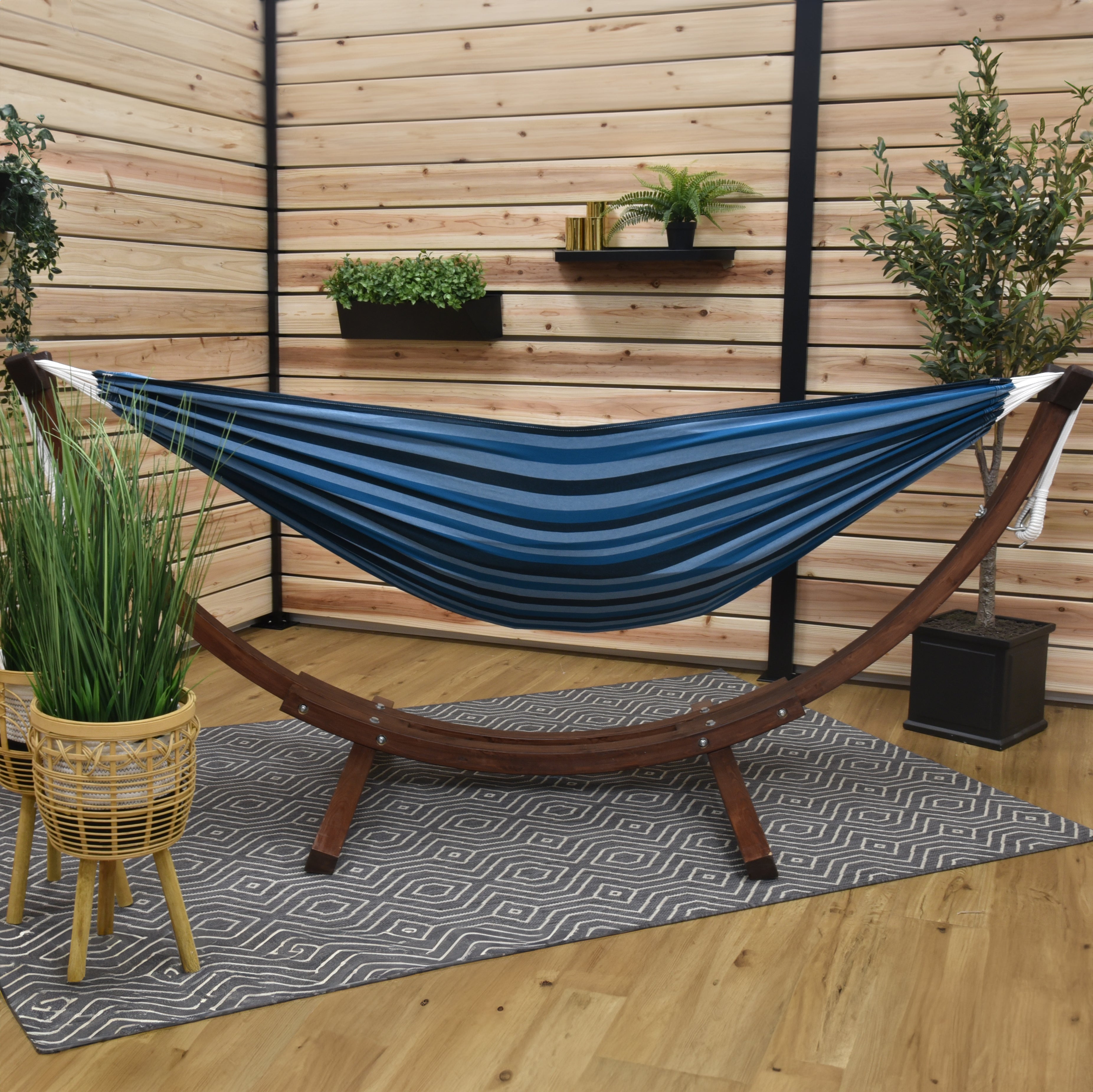 Double Cotton Hammock with Solid Pine Stand (8ft/260cm) - Blue Lagoon