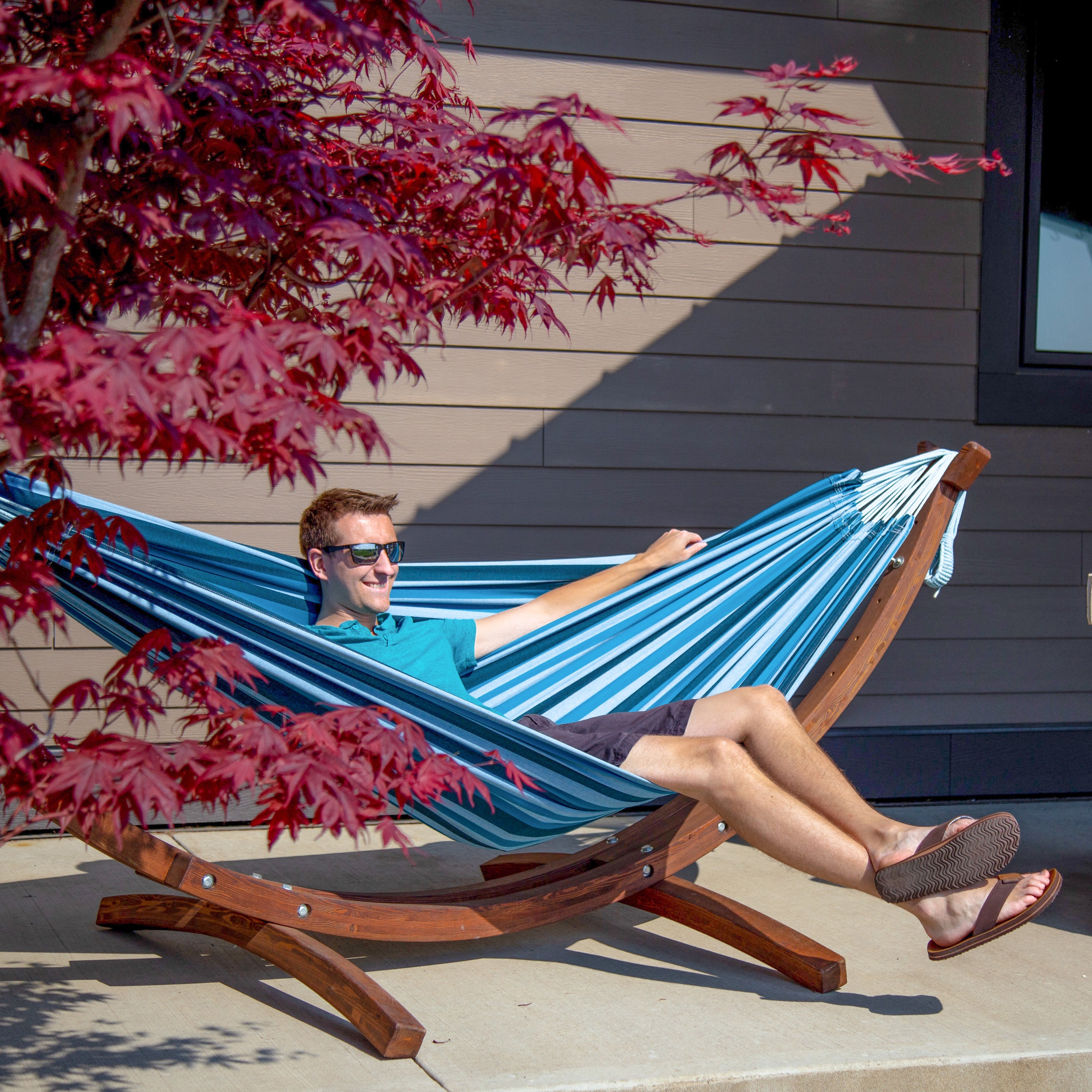 Double Cotton Hammock with Solid Pine Stand (8ft/260cm) - Blue Lagoon